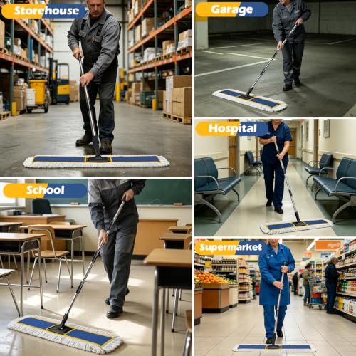 MASTERTOP 40" Commercial Dust Mop for Floor Cleaning, Heavy Duty Flat Mop | Industrial 64" Long Handle Push Broom with 2 Cotton Pads for Hardwood, Tile, Laminate, Concrete, Warehouse & Gym Cleaning - color: Blue(40"*8.3")