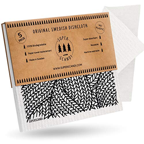 SUPERSCANDI 5 Pack Swedish Dishcloths for Kitchen - 100% Biodegradable & Compostable Reusable Paper Towels Washable, Food-Safe & Without Plastic - Dish Rags for Any Surface, Line Knitting Black - color: Line Knitting Black