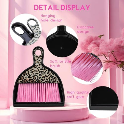 THINKLEARN 2PCS Small Dust Pan and Brush Set, Mini Broom Dustpan Kit | Portable Brush Dustpan Combo Set, Pink Leopard Print Design, Compact Cleaning Supplies - color: Pink