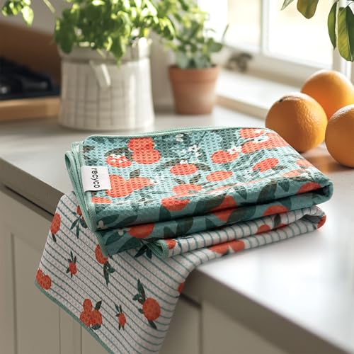 RECYCO Waffle Kitchen Towel Set of 2 - Quick Dry Microfiber Sustainable Dish Towels - Ultra Absorbent Reusable Cleaning Tea Towels - Lightweight Hand Towels,16”x 28”, Clementine Grove - color: Clementine Grove