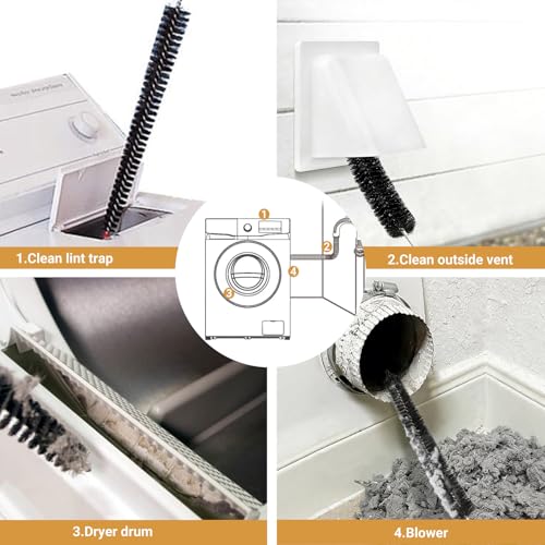 Dryer Lint Cleaner Kit, 3Pcs Nylon Bristle Brush, Flexible Stainless Steel Handle, for Cleaning Vent Trap & Refrigerator Coil