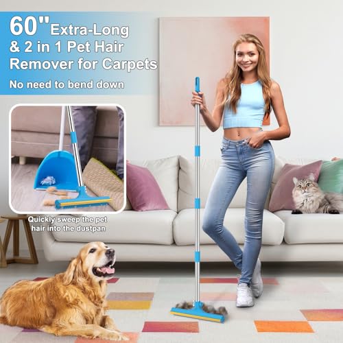 mupapi Carpet Rake for Pet Hair Removal, Reusable Pet Hair Remover Broom, 60'' Adjustable Long Handle Dog and Cat Hair Remover Tool Set of 3, Lint Remover Scraper for Carpets, Rugs, Mats, Couch, Car