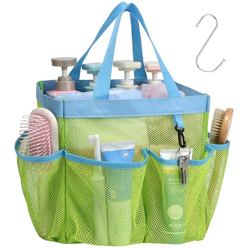 F-color Mesh Shower Caddy Portable, Upgrade Deeper 7 Pockets Shower Bag Basket Bag Tote for College Dorm Room Toiletry Bathroom Essentials Gym Camp Quick Dry 2 handles with S Hook - color: 1 Pack L Fluorescent Green, size: L (Classic Dorm Caddy)