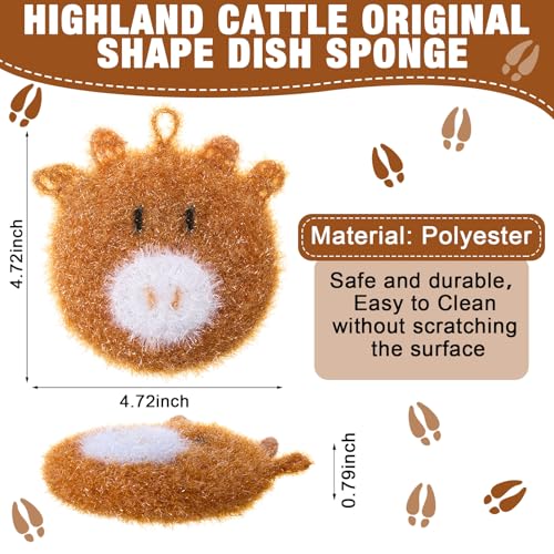 Breling 6 Pieces Sunflower Shape Dish Sponge Dual Sided Non Scratch Dish Washing Scrubbers, Reusable Household Cleaning Kitchen Tools for Dishwashing Washing Dishes Cookware(Cow) - style: Highland Cattle