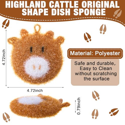Breling 6 Pieces Sunflower Shape Dish Sponge Dual Sided Non Scratch Dish Washing Scrubbers, Reusable Household Cleaning Kitchen Tools for Dishwashing Washing Dishes Cookware(Cow) - style: Highland Cattle