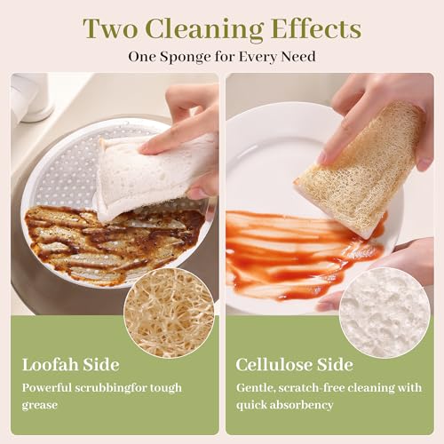 JOYMOOP Compressed Cellulose & Loofah Scrubbers, Non-Scratch Scrub Sponge, Kitchen Sponges for Dishes, 12-Pack, Dual-Sided Dish Sponge for Nonstick Cookware & All Surfaces - color: White [12 Pcs]