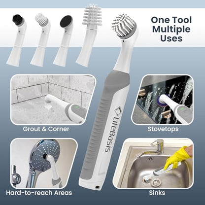 LifeBasis Rechargeable Power Scrubber, Cordless Electric Cleaning Brush, Water Resistant Small Electric Grout Brush with 5 Brushes for Home/Kitchen/Bathroom/Grout/Tile/Shower/Tub, White
