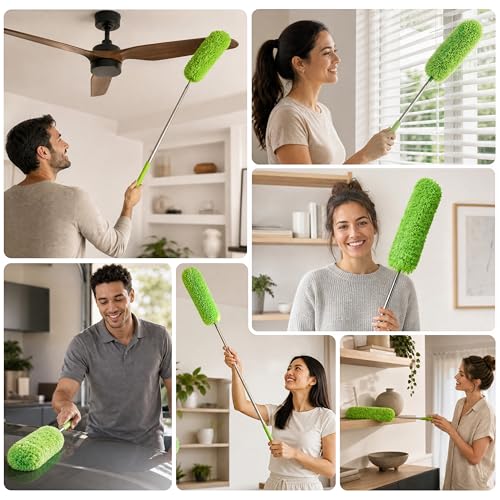 Gütewerk Extendable Microfiber Duster, 55 Inch - Feather Dusters for Cleaning Ceiling Fans, Blinds, Baseboards & High Ceilings - Washable, Electrostatic, 360° Bendable Head, Stainless Steel Pole - color: Green, size: up to 55 inch