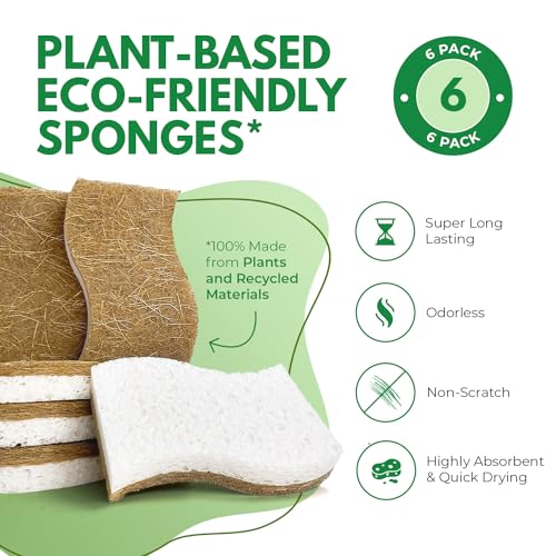 AIRNEX Natural Kitchen Sponges (6 Pack) - Biodegradable Cellulose & Coconut Scrubber Dish Sponges for Kitchen - Eco-Friendly, Non Scratch, Compostable, Non Toxic S-Shaped Natural Sponges for Dishes - size: 6 Pack