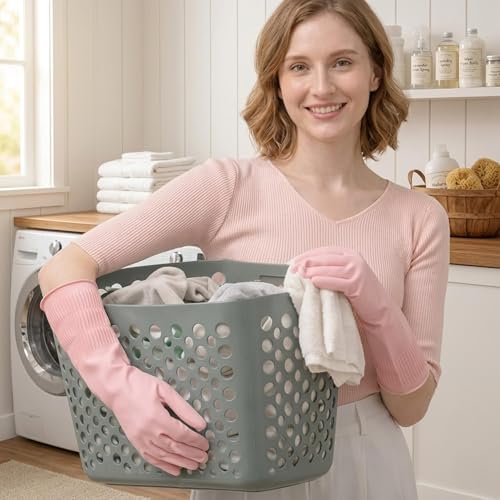 Rubber Dishwashing Gloves, 3 Pairs, Reusable Cleaning Dish Gloves for Kitchen, Non-Slip, Waterproof Dish Washing, Long Cuff for Woman (Red+Pink+Green, Medium)