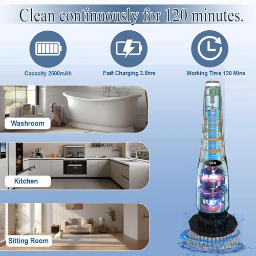 Electric Spin Scrubber Cordless,Lucklights Cleaning Brush Power Shower 7 Brush Heads 3 Speeds 120Mins Work Time Adjustable Extension Arm for Bathroom Tub Kitchen Floor Car