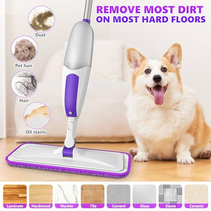 Microfiber Spray Mops for Floor Cleaning - SEVENMAX Dry Wet Floor Mop with Sprayer 3 Washable Pads fit Swiffer Powermop for Hardwood Laminate Tile Wood Vinyl Ceramic Home Kitchen Cleaning - size: White Purple Mop - 3 Pads