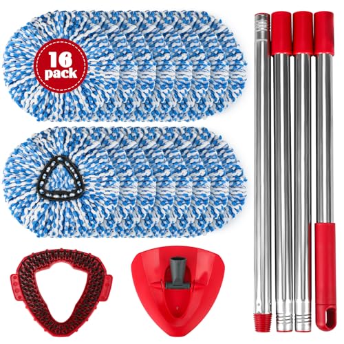Spin Mop Replacement Set for O-Ceda RinseClean 2-Tank System, 16 Microfiber Spin Mops Refills,1 Scrubber Head,1 Triangle Spin Base,and(31-63in) Adjustable Handle Set Combo - size: Blue-16P