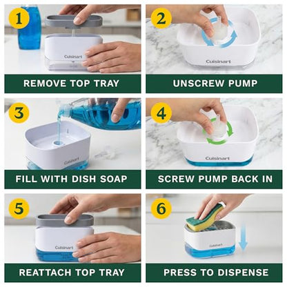 Cuisinart 2-in-1 Dish Soap Dispenser with Sponge Holder and Sponge for Kitchen Sink – Soap Pump Organizer Set with Tray, Countertop Caddy for Dishes, Dishwashing Liquid Dispenser, Sink Essentials - color: Gray/White