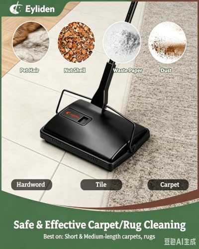 Eyliden X-Large Carpet Sweeper - Quiet Manual Sweeper for Carpets & Rugs | 1 Extra Refill Roller Brush, Non-Electric, Hand Push, Quietly Cleans Debris and Messes, Restaurant Roller Broom, Mint - color: Black