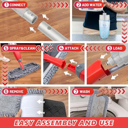 HOMTOYOU Dust Mop for Hardwood Floors: Microfiber Spray Mop for Cleaning | 3 Pcs Washable Reusable Pads, 1Pcs 400+ML Refillable Bottle, 360-Degree Swivel Mop, Red & Gray - color: Red
