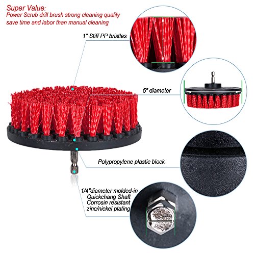 HIFROM 5inch Heavy Duty Stiff Drill Powered Cleaning Scrub Brush Attachment Kit for Pool Flooring Brick Siding Garage Cutters Fireplace Stone Sidewalks Driveways