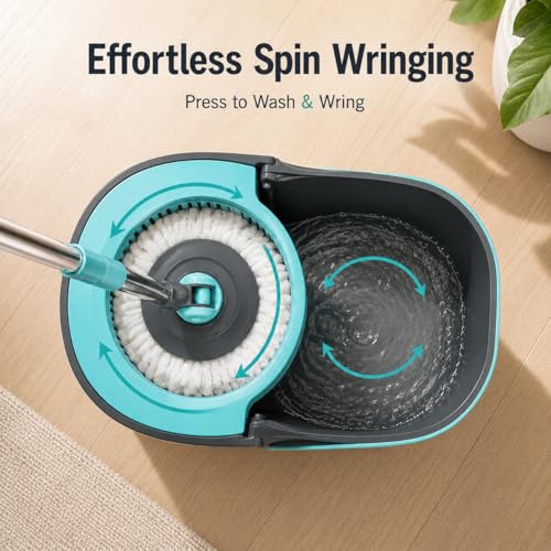 Lambert Home Mop and Bucket Set - Spin Mop with Wringer, Hands-Free Self-Wringing Microfiber Floor Mop, 2 Washable Mop Heads, 42-50 inch Stainless Steel Handle, for Hardwood Tile Laminate, Gray-Blue