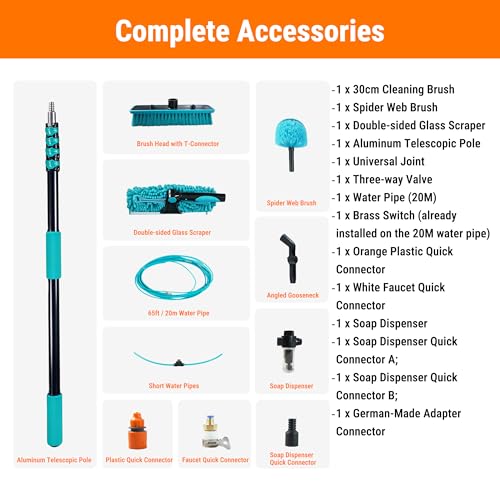 Water Fed Pole Kit, 20FT Solar Panel Cleaning Pole with Extendable Handle, 180° Rotatable Brush Head & 65.6FT Hose, Household & Outdoor Window Cleaner Tool for Caravan Solar Panel Deck - size: 20FT