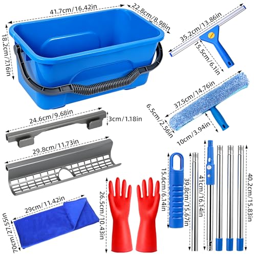 Window Cleaning Kit with 3 Gal Bucket - 14'' Window Squeegee&15'' Scrubber&76'' Long Handle Window Cleaner Tool, Professional Windows Washing Equipment for Home, Commercial Use, Outdoor, Car