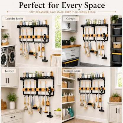 Broom Holder Wall Mount With Built-In Guardrail Shelf, Cleaning Supplies Organizer With 5 Mop Grippers, 6 Hooks And Vacuum Holder For Laundry Room Garage Pantry Kitchen