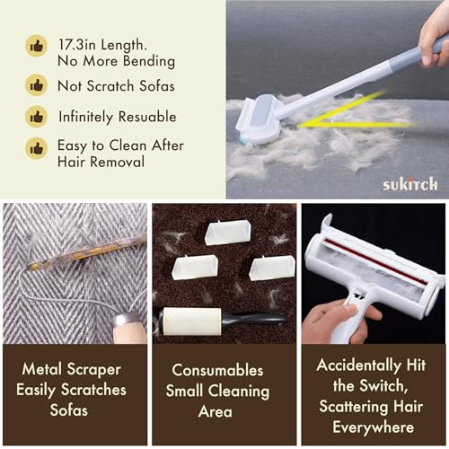 Pet Hair Remover for Couch and Furniture, 17.3-Inch Reusable Washable Lint Cleaner for Dog and Cat Hair, Long Handle for Bedding, Sofa and Fabric Surfaces