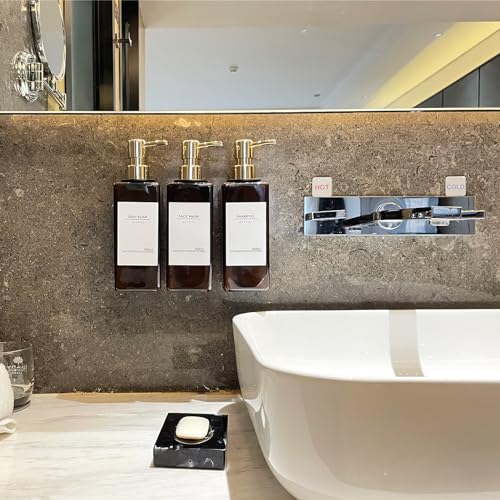 Shampoo Dispenser for Shower Wall, Shampoo and Conditioner Dispenser with 16 Waterproof Labels, No Drill Shower Soap Dispenser Bathroom, Shower Soap Dispenser Wall Mounted 3 Chamber, 17oz, Gold Amber - color: Amber Bottle + Gold Pump