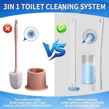 Disposable Toilet Brush with 24 Refills | Touch-Free Cleaning Wand, Built-in Detergent, Wall Mount Holder, For Toilet Bowl Sink Bathtub