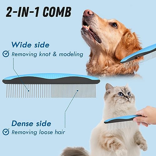 Docrok Pet Grooming Combo - Blue Deshedding Brush with Metal Comb for Detangling and Dematting Long, Matted Fur on Cats and Dogs - color: Blue