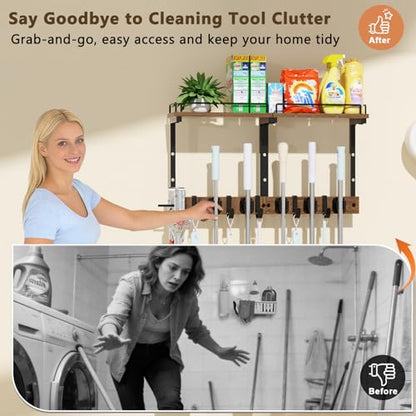 Mop Holder Wall Mount with Cleaning Supplies Organizer, Wood Mop and Broom Hanger Rack Organizer with Anti-Fall Wall Shelf with 5 Clips & Hooks for Garage Laundry Room Kitchen (Brown) - color: Brown