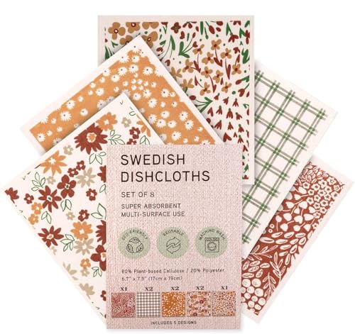 Swedish Dishcloths, 8-Pack Plant-Based Cellulose, 6.7x7.5 Inch, Super Absorbent, Rust, Green, Burgundy, Machine Washable - color: 8 Pk Rust, Green, Burgundy