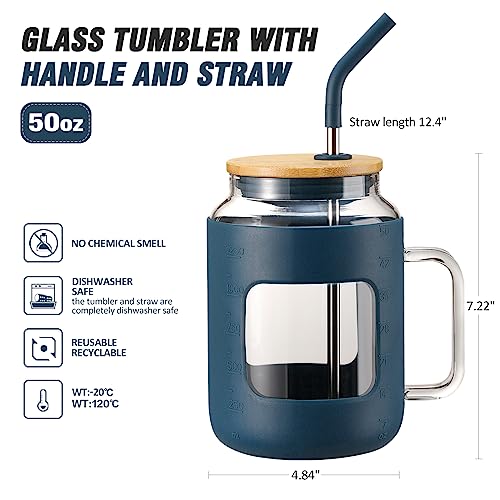 WINSA 50 oz Glass Water Bottles with Silicone Sleeve,Glass Tumbler with Lid and Straw,Iced Coffee Cup with Handle,BPA Free-Blue - color: Blue