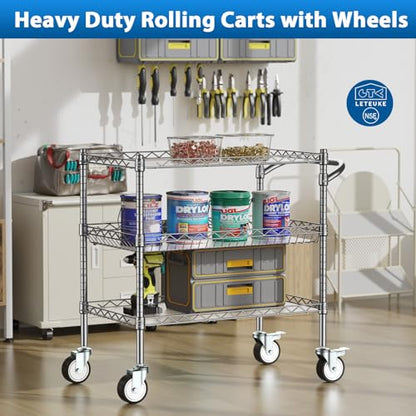 Leteuke 3 Tier Rolling Carts with Wheels, Heavy Duty Rolling Utility Cart,NSF Commercial Grade Metal Cart with Handle&Shelf Liner,Trolley Serving Cart for Kitchen,Restaurant,Plant Display,Chrome - color: Matte Chrome