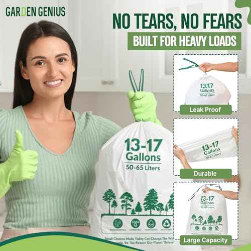 Biodegradable 13-17 Gallon Code-Q Trash Bags (50 Pack) | Strong Heavy-Duty Tall White Kitchen Bags w/Drawstring | Fits Simplehuman & Standard Cans | Eco-Friendly D2W, 30 Micron Thick | 25.6" x 33.5" - style: 13-17 Gallon Code-Q (50-Pack) White
