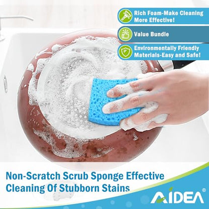 AIDEA Sponges Kitchen, Non Scratch Scrub Sponge, 6Count, Sponges for Non Stick Cookware, Cleaning Sponge for Dishes, Cleans Fast Without Scratching, Cleaning Power for Kitchen, Bathroom, Household - color: Blue