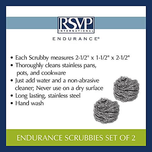 RSVP International Endurance Cleaning Collection Stainless Steel Scrubbies, Heat-Treated, Pressed & Curled, Long Lasting, Non-Rusting, Scrubber, 2 Piece
