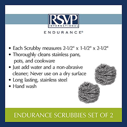 RSVP International Endurance Cleaning Collection Stainless Steel Scrubbies, Heat-Treated, Pressed & Curled, Long Lasting, Non-Rusting, Scrubber, 2 Piece