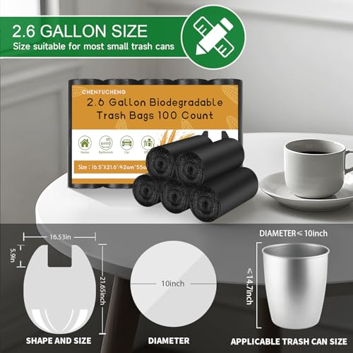2.6 Gallon Small Black Bathroom Trash-Bags - Compostable Mini Garbage Bags With Handle 100 Count Biodegradable Little Waste Basket Kitchen Office Car Unscented Tiny Liners Strong Thick Chenyucheng - style: 2.6gallon Black 100 Count