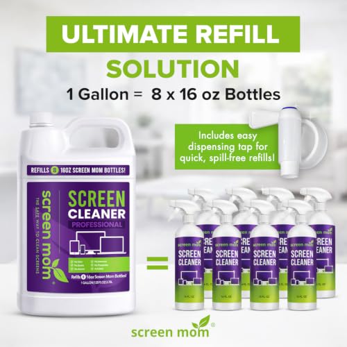 Screen Mom Screen Cleaner Refill with Dispensing Tap, 1-Gallon for Screen Cleaner Spray and Wipe for TV, Computer, Phone, iPad, Car Screen Cleaning Kit Electronic Cleaner Spray - size: 128 Fl Oz (Pack of 1)