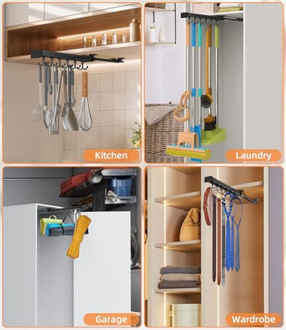 Pull Out Broom Holder With Adjustable Double Row Sliding Hook, Multifunctional Slide Broom And Mop Storage/Organizer Garage Organization Hooks, for Closet Laundry Garage Cupboard Kitchen