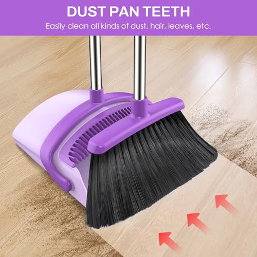 Broom and Dustpan Set for Home, 51-in Long Adjustable Handle Angle Broom and Dustpan Combo Set with Dust Pan Teeth to Clean Hair for Home Kitchen Office Lobby Floor Garden, Purple - color: Purple
