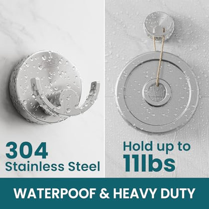 TAILI 304 Stainless Steel Bathroom Suction Hooks for Towel, Bathrobe, Loofah, Patented Strong Suction Cup Holder, No Damage Hanging Glass Shower Wall Hook, Double-Hook Sleek Design, 2 Pack, Silver - color: Sleek Double-Hook, Silver