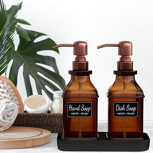 LMQML Soap Dispenser - 2 Pack, Antique Design Thick Amber Glass Hand Soap Dispensers with Sturdy Tray; 304 Rust Proof Stainless Steel Black Pump, 12Pcs Stickers, for Kitchen, Bathroom -Brushed Copper - color: Brushed Copper