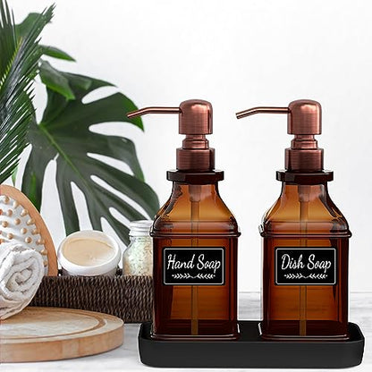 LMQML Soap Dispenser - 2 Pack, Antique Design Thick Amber Glass Hand Soap Dispensers with Sturdy Tray; 304 Rust Proof Stainless Steel Black Pump, 12Pcs Stickers, for Kitchen, Bathroom -Brushed Copper - color: Brushed Copper