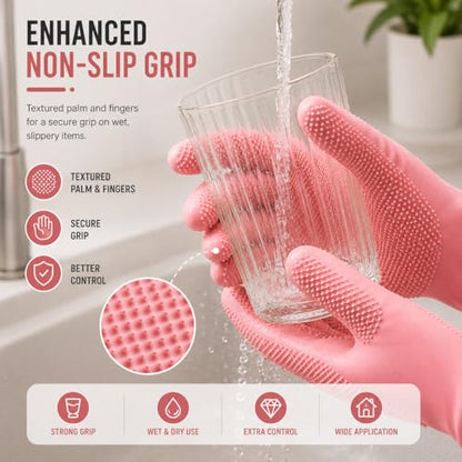 1 Pair Silicone Dishwashing Gloves - Waterproof, Non-Slip Grip - Reusable Cleaning Gloves for Kitchen, Bathroom,Home - size: Small