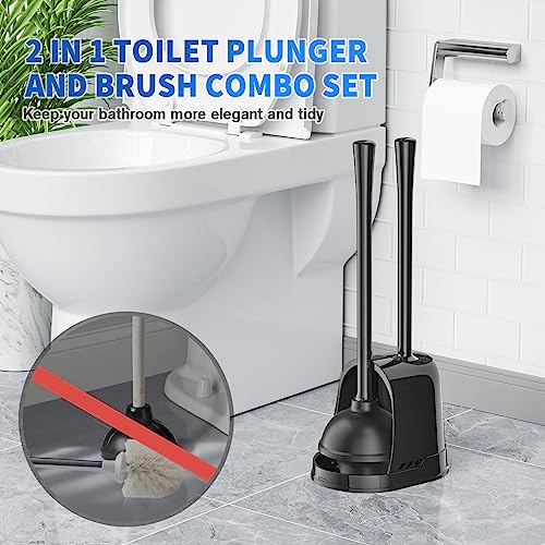 LOVLOY Toilet Plunger and Brush, Bowl Brush and Heavy Duty Toilet Plunger Set with Ventilated Holder, 2-in-1 Toilet Brush and Plunger Combo for 5.3-inch Toilet Drain Bathroom Cleaning (Black) - color: Black