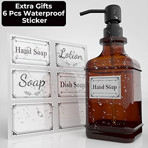 GLADPURE Soap Dispenser 2 Pack, Hand Soap Dispensers with 18 Oz Antique Design Thick Amber Glass Bottle, 316 Rust Proof Stainless Steel Black Pump, 6Pcs Stickers, for Lotion, Soap, Essential Oil - color: Brushed-black