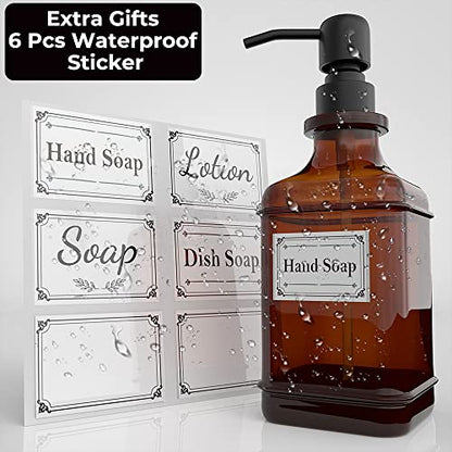 GLADPURE Soap Dispenser 2 Pack, Hand Soap Dispensers with 18 Oz Antique Design Thick Amber Glass Bottle, 316 Rust Proof Stainless Steel Black Pump, 6Pcs Stickers, for Lotion, Soap, Essential Oil - color: Brushed-black