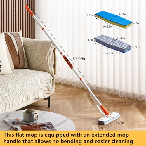 Magic Sponge Eraser Mop, 56" Adjustable Mop Handle with Flexible 10" Flat Head with Microfiber Pad and Magic Sponge Eraser Pads - color: Mop Set, size: 56"x10"
