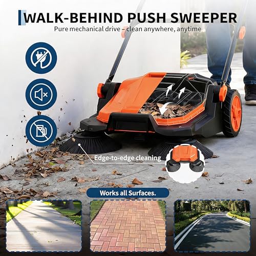 25.6 Inch Manual Push Floor Sweeper, Walk-Behind Hand Push Sweeper with 5-Gallon Bin, Adjustable Folding Handle for Garage, Workshop, Driveway, Patio